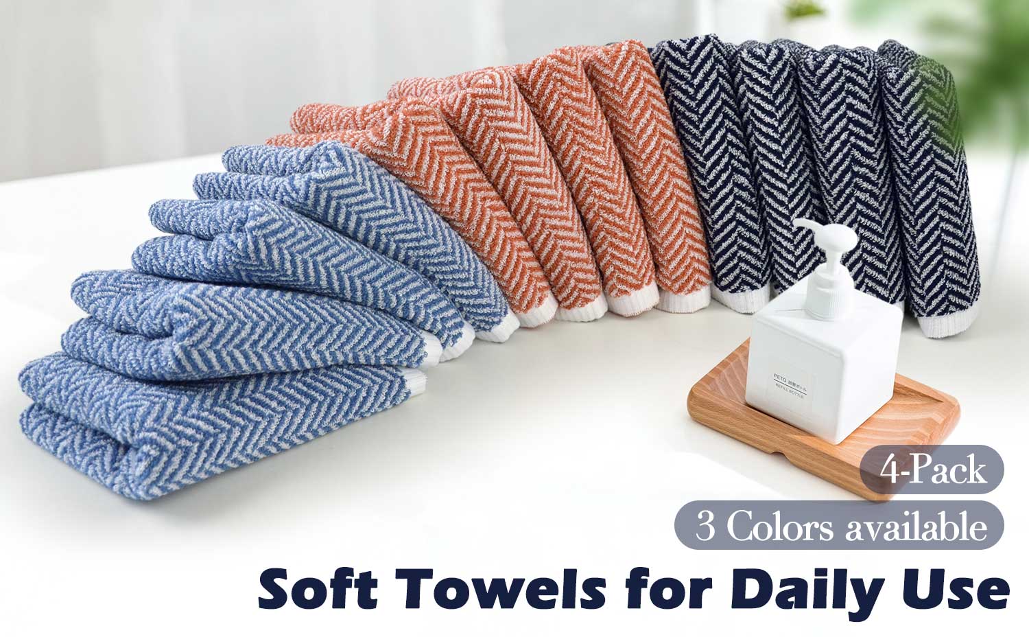 Hand Towels for Bathroom, 4-Pack Cotton Hand Towels with Herringbone Pattern, Ultra Absorbent, 13 x 28 Inches