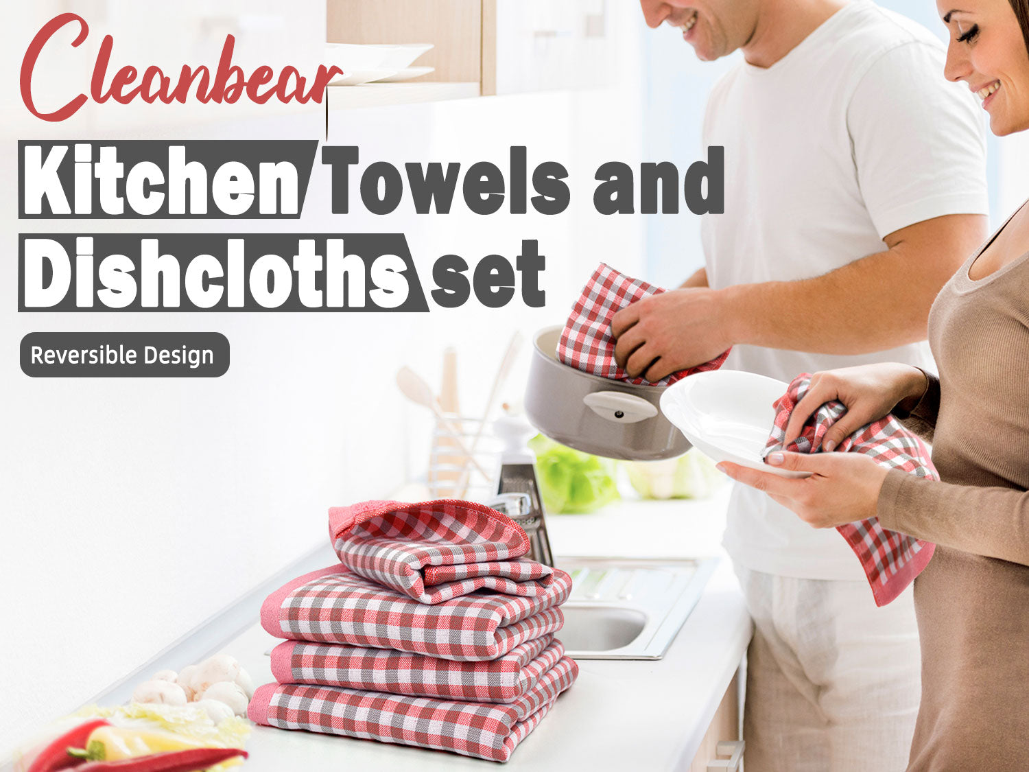 Kitchen Towels and Dishcloths sets, 3 Dish Towels and 3 Dish Cloths, Reversible Muslin and Terry Loops Design for Washing Dishes, Absorbing Spills and Cleaning Surfaces, 100% Cotton